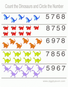 Dinosaur Number Recognition 5 to 9 Worksheet